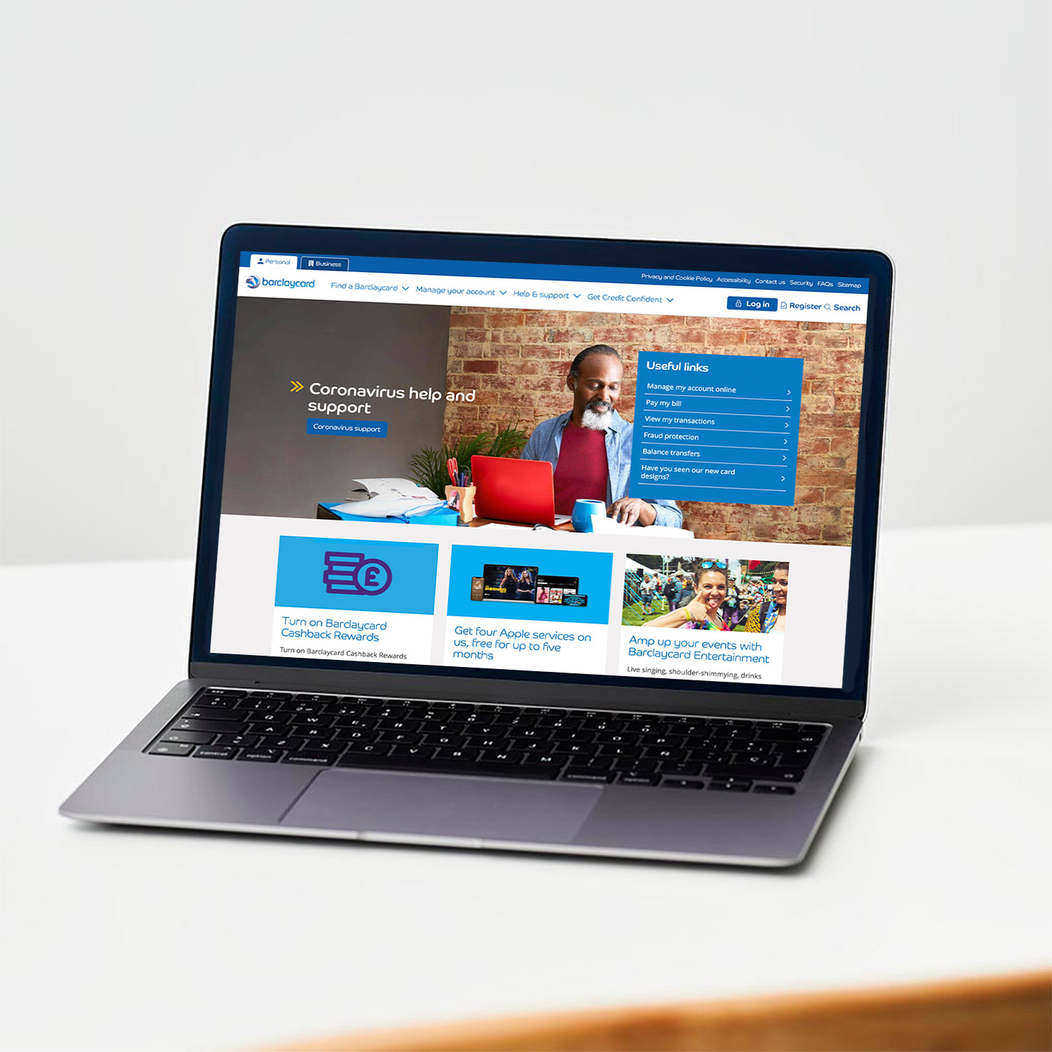 Barclaycard homepage on laptop